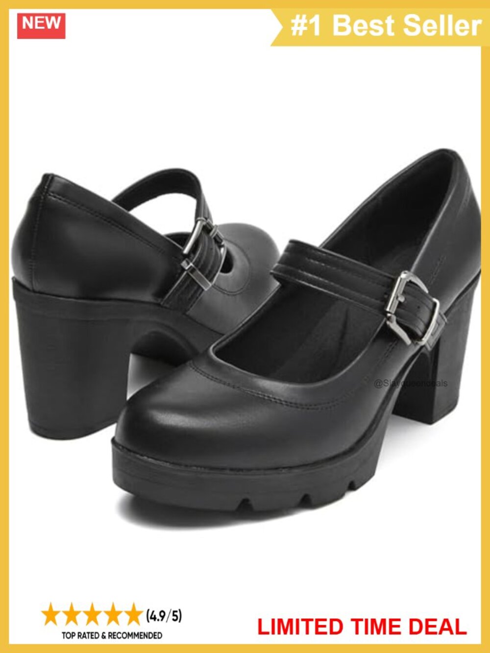 Mary Jane Chunky Heel Pump Round Toe Adjustable Strap Work Dress Shoes